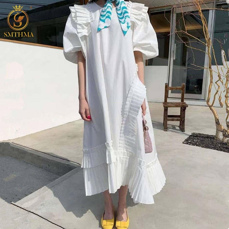 

Fashion Summer Loose Ruffled Long Dress Women's Lantern Sleeve Mid-Length Casual Vintage Korean Chic Vestidos 210520, Photo color