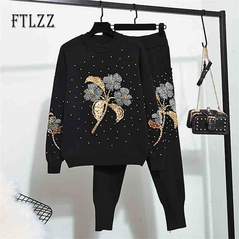 

Women 2 Piece Set Clothing Autumn Winter Knit Embroidered Sequins Nail Beads Sweater Top + Long Pant Biker Woman Tracksuit 210525