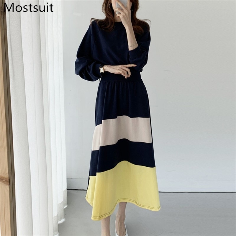 

Color-blocked Korean Elegant Women Long Dress Autumn Full Sleeve O-neck A-line Pleated Dresses Casual Fashion Ladies Vestid 210518, Black