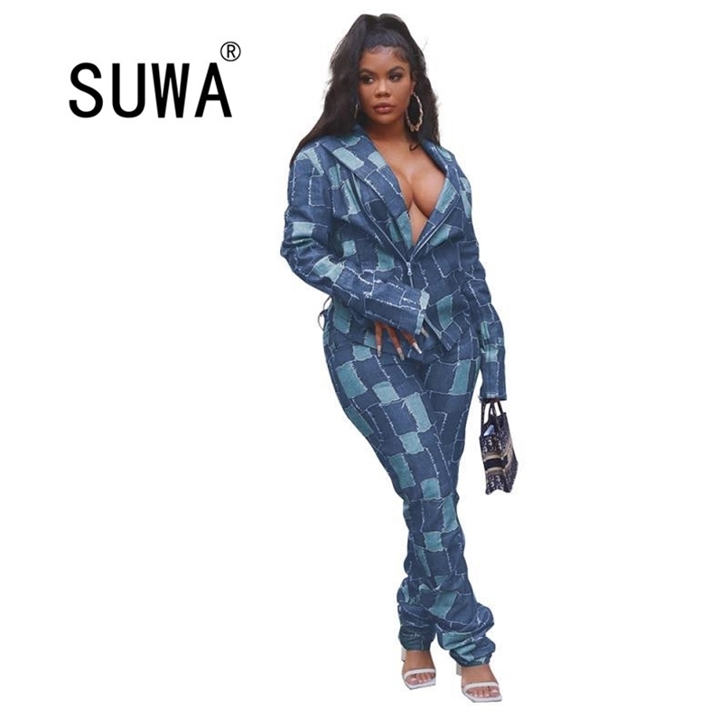 

Contrast Blue Patchwork Denim 2 Piece Outfits For Women Long Sleeve Shirts Blouses High Waist Stacked Leggings Trousers Work 210525, Multi