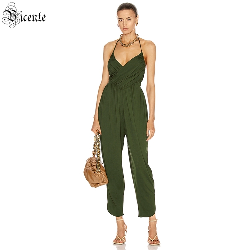 

Women's Jumpsuit Celebrity Party Cocktail Army Green Drape Design Hanging Neck Open Back 210520
