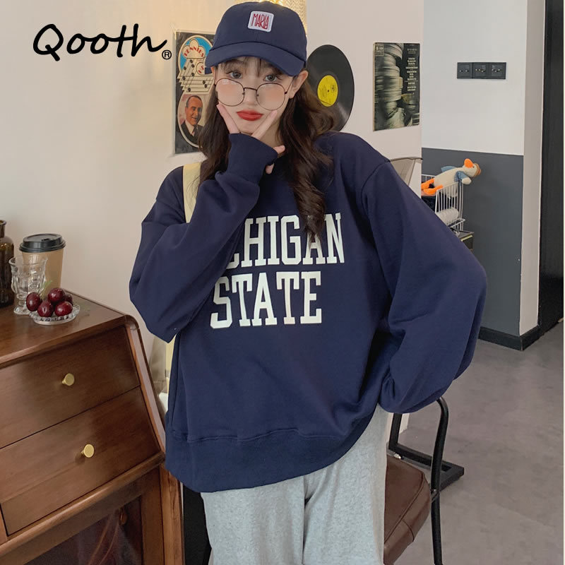 

Qooth Autumn Women's Loose Sweatshirts Cotton Letter Medium Length Full Sleeve Blouses O Neck Casual Female Student Tops QT151 210518, Dark blue