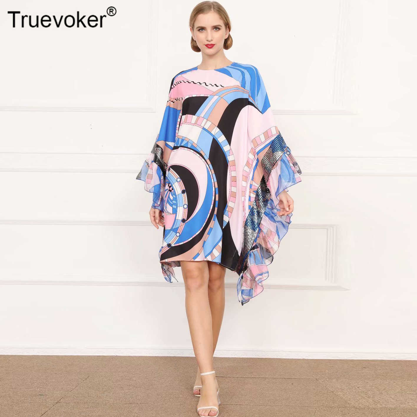 

Truevoker Autumn Runway Fashion Loose Dres' Batwing Sleeves Abstact Geometry Printed Ruffle Casual Resort Dresses 210602, Blue