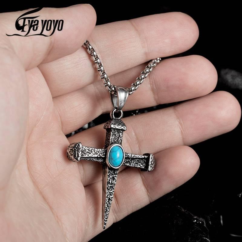 

Pendant Necklaces Eyeyoyo Vintage Cross Necklace Men With Natural Stone Gift For Year, Silver