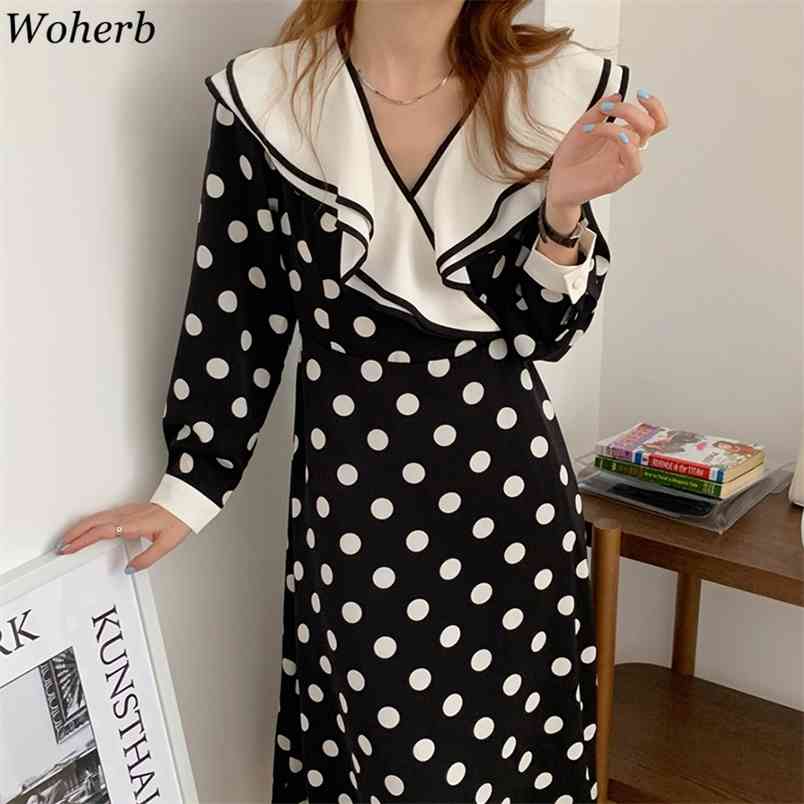 

Women Summer Vintage Chiffon Dress Long Sleeve Polka Dot Print Party Dresses Ladies Elegant Casual Ruffle Vestidos 210519, Black