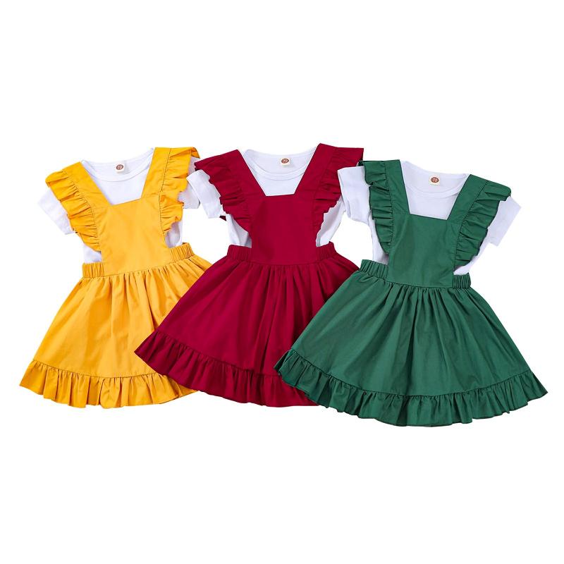 

Clothing Sets 2021 Summer 3-24M Baby Girl 2Pcs Set Flared Short Sleeve Ruffled Suspender Skirt+White Bodysuit Clothes 3 Color