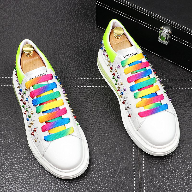 

Spring Newest Brand Rivet Designer Men Metal Plate Air Leather High Tops Shoes Causal Flats Moccasins Luxury Punk Rock Sneakers, White green