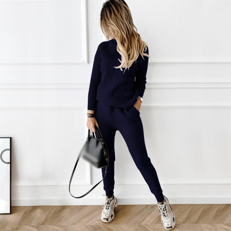 

Women's Two Piece Pants Autumn Winter Tracksuit Solid Color Striped Turtleneck Sweater And Elastic Trousers Suits Knitted Set, White