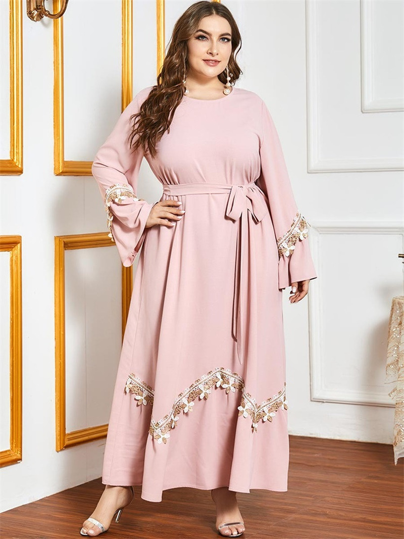 

Plus Size Maxi Dress Women Pink Ethnic O Ne Flare Long Sleeve Lace Embroidery Arabic Muslim isalmic clothing moroccan kaftan
