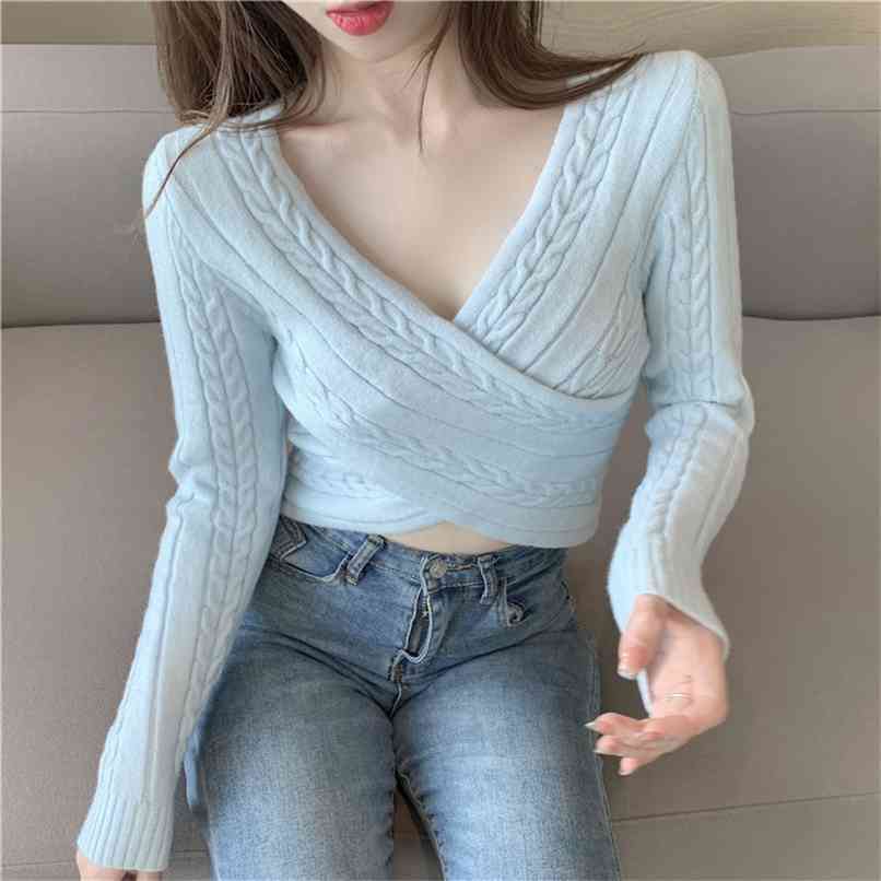 

Twist bottoming sweater Korean version of the V-neck crossover short long-sleeved women's slim casual top 210520, Pink