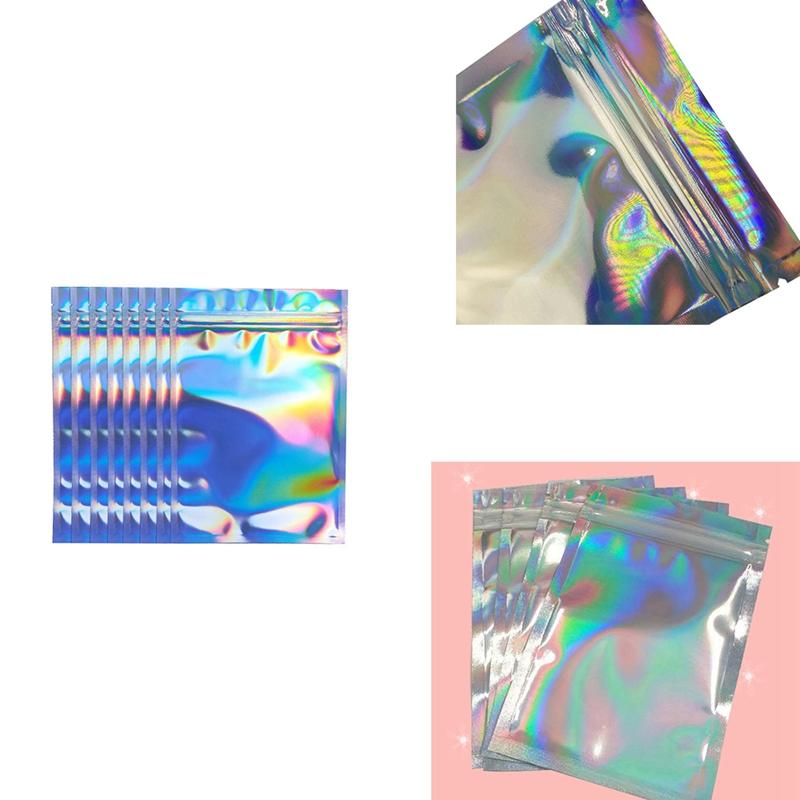 

Storage Bags 100Pcs Pouches Cosmetic Plastic Gradient Iridescent Holographic Zipper