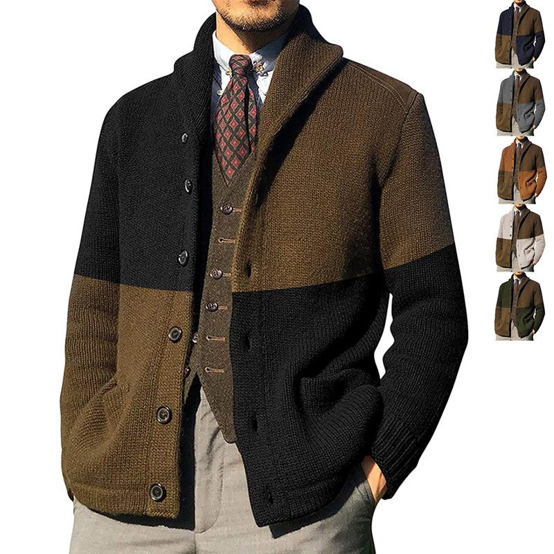 

Men's Sweaters Men Sweater Cardigans Knitted Long Sleeve Autumn Male Bussiness Patchwork Turtleneck Cardigan Single Breasted Lapel, White;black