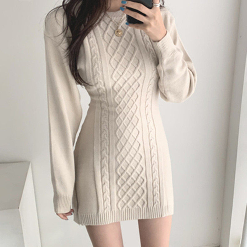 

2021fashion hollow out waist sweater dress women autumn winter high elastic twist knitted dress casual bodycon mini dress 3 colors, Black;gray