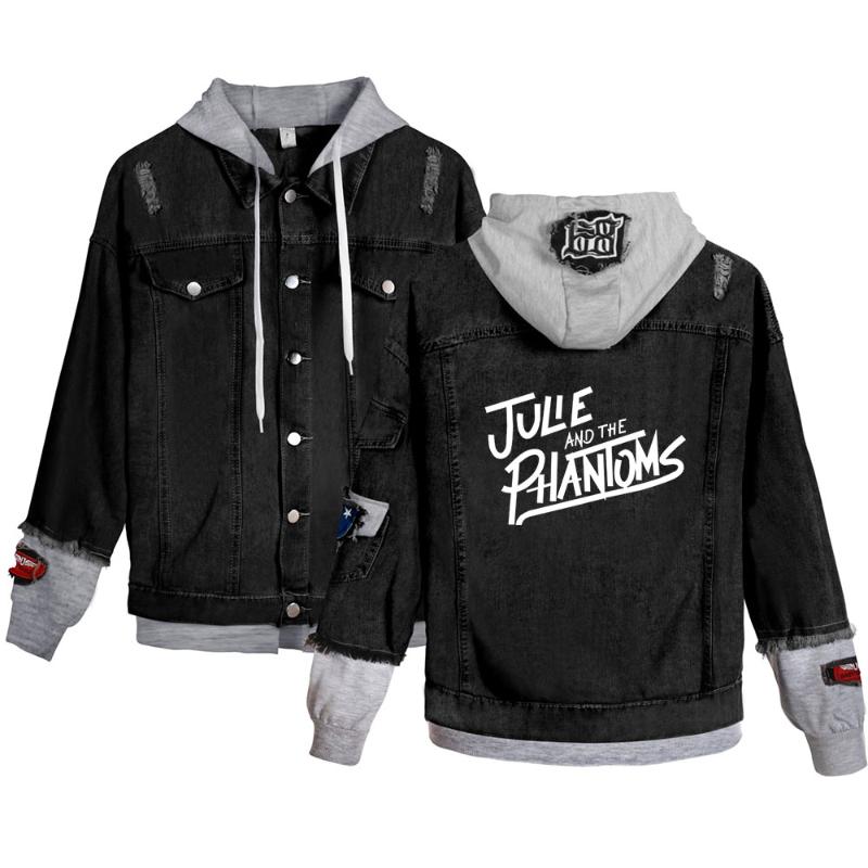 

Women's Jackets Julie And The Phantoms Denim Women Men Fake Two Piece Hooded Coat Personality Streetwear Girl Jacket, Black;brown