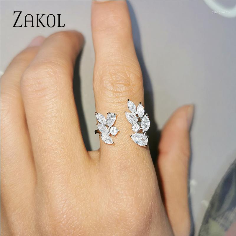 

Cluster Rings ZAKOL Fashion Charm Cz Wedding Ring Women Party Jewelry Leaf Shape Clear Cubic Zirconia For Wholesale, Golden;silver