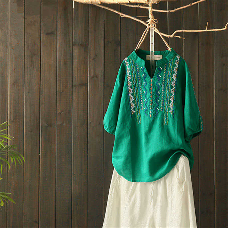 

Summer Women Tshirt Plus Size Short Sleeve Loose Tshirts cotton linen Embroidery Vintage V-neck Tops Tee Shirt Femme Clothes D90 210608, White