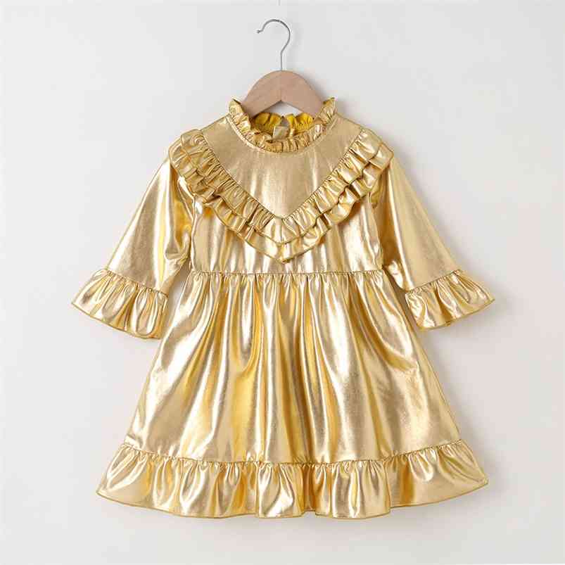 

Winter Girls Dress Baby Cute Long Sleeve Ruffles Golden Solid Girl Vestido 2-6T 210629, Gold