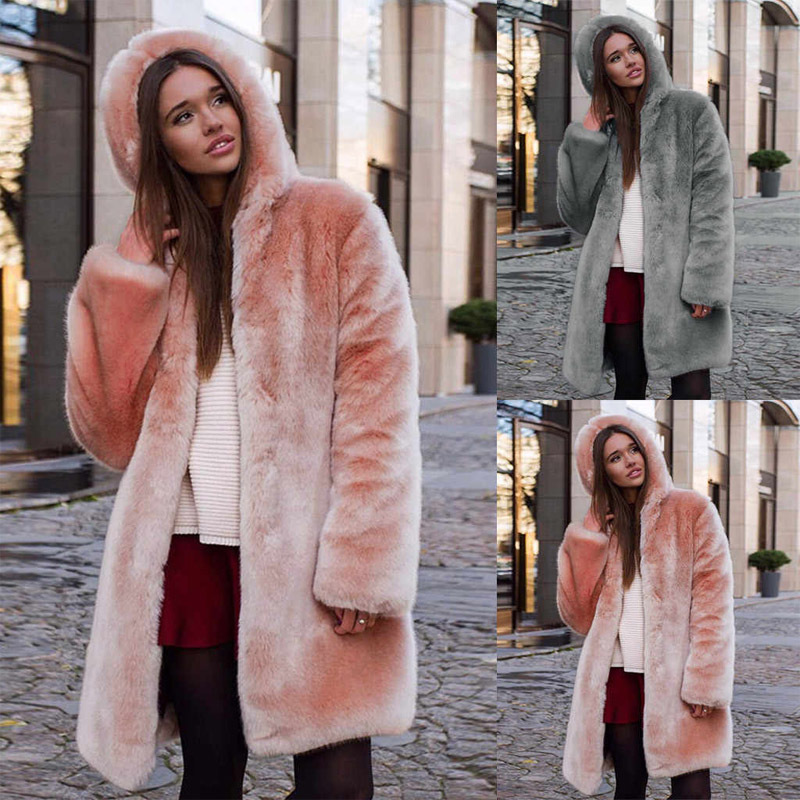 

2021 Faux Fur natural mink fur coat Women's Winter jacket Fashion female middle length solid hood Overcoat High Quality, Black