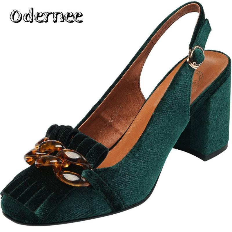 

Dress Shoes Summer Chunky High Heel Sandals Women Retro Velvet Shallow Mouth Slingback Crystal Chain Fringe Tassel Pumps Banquet Size, Green