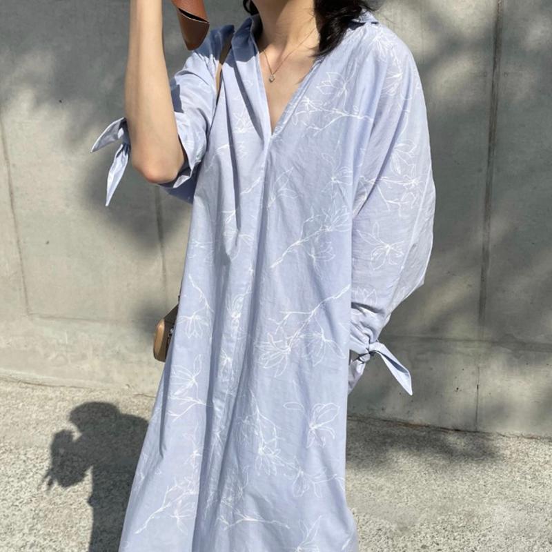 

Casual Dresses Autumn Loose Blue V Puff Long Sleeve Graffiti Printing Dress Women Hand Vestidos De Mujer Maxi Swing Flowers, Black;gray