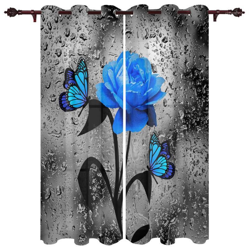 

Polyester Translucent Curtains Blue Rose Flower Butterfly Glassy Pattern Luxury For Living Room Kitchen Bedroom Windows Curtain & Drapes