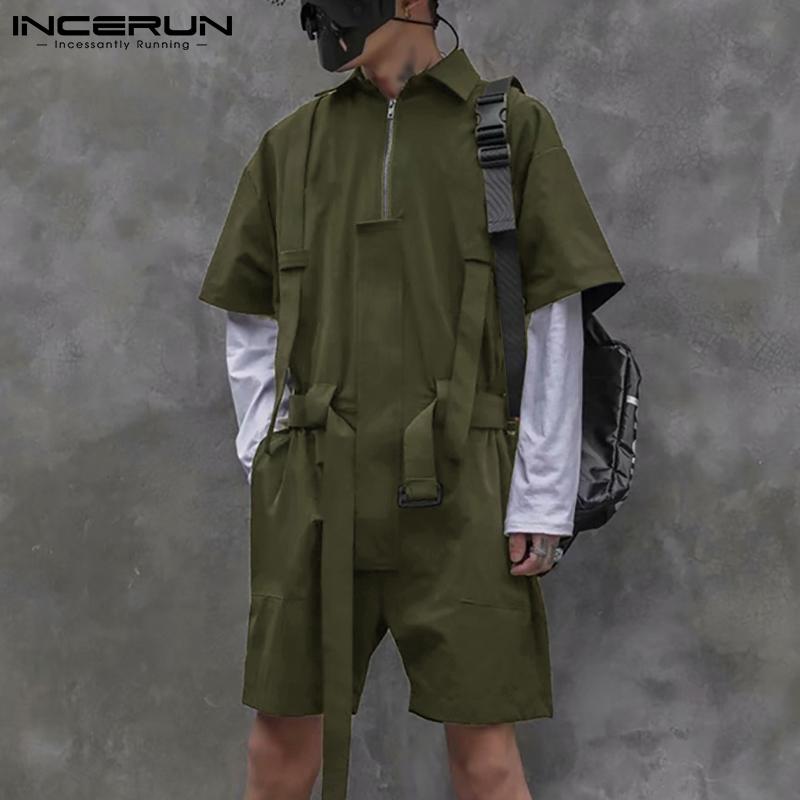 

Men' Shorts 2021 Fashion Men Rompers Lapel Short Sleeve Solid Zipper Casual Jumpsuits Streetwear Loose Pockets Cargo Overalls -5XL INCERUN, Black