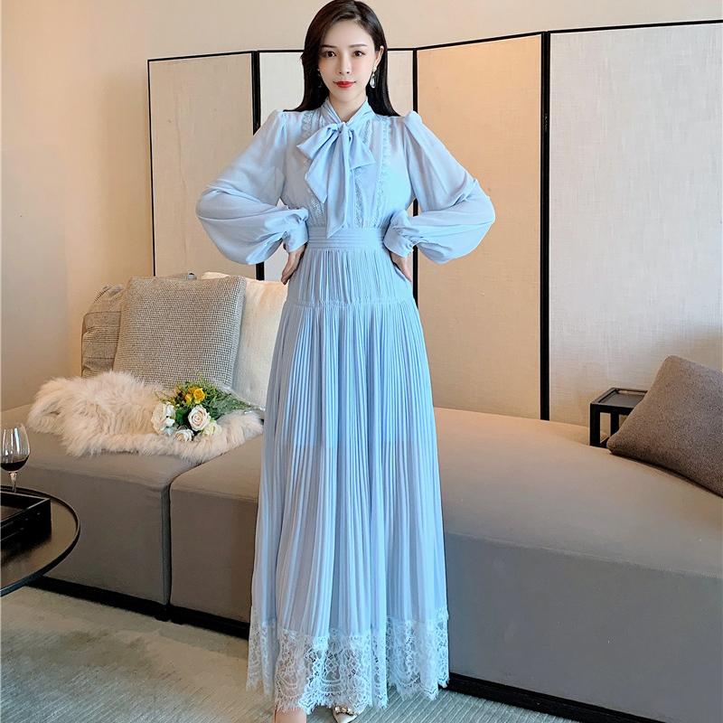 

Casual Dresses Bow Collar Light Blue Summer Dress Women Lantern Sleeve Lace Pleated Self-Portrait Chiffon Maxi Long Autumn B258