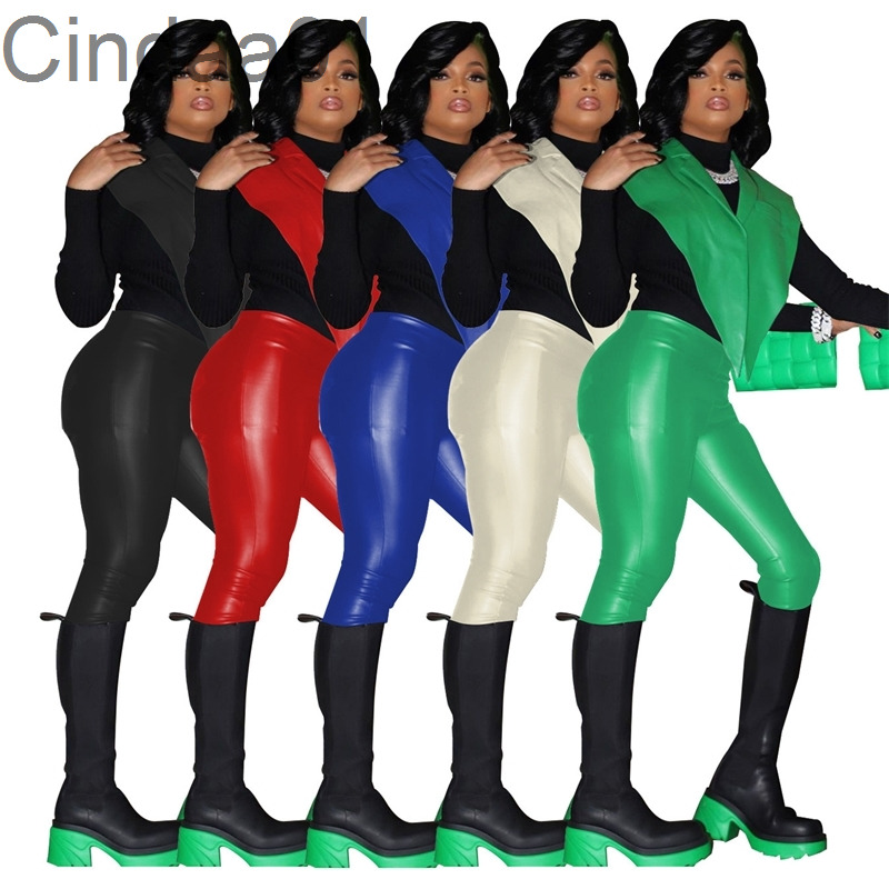 

Women PU Tracksuits Two Piece Set Designer New Sexy Leather Personality Irregular Solid Color Pencil Pants Vest Suit, Mix or give list