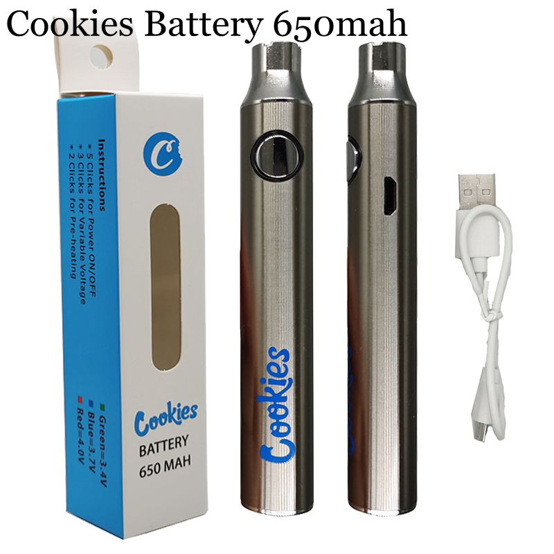 

Cookies Battery Adjustable Vape Batteries with USB Charger White Silver Black Rechargeable Vaporizer Pen 650mah 510 Thread Connector