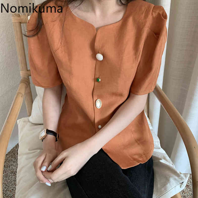 Nomikuma Summer Korean Chic Puff Sleeve Blouse Shirt Elegant Single Breasted O-neck Blusas Femme Causal Ladies Tops 6G976 210427