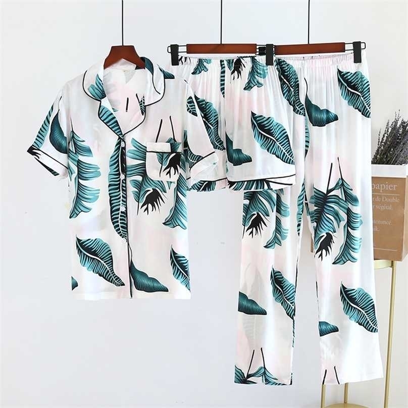 

Women's Spring And Summer100%Viscose Pajamas Three-piece Short Sleeve + Shorts Trousers Soft Comfortable Homewear 211109, 06