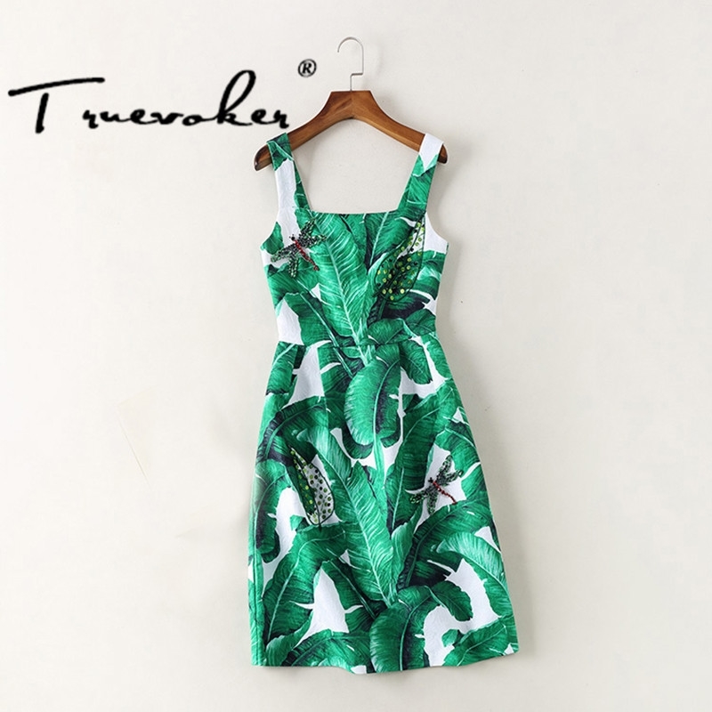 

Truevoker Summer Designer Dres's High Quality Green Leave Printed Insect Diamond Beading Embossed Strap 2XL 210602, Blue