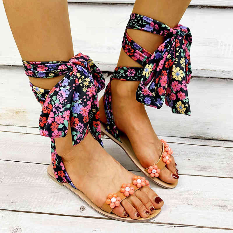 

Sandals Lucyever Summer Flower Women Comfortable Non-Slip Colored Strap Flat Slippers Woman Fashion Beach Shoes Large Size 43 QJVB, Blue