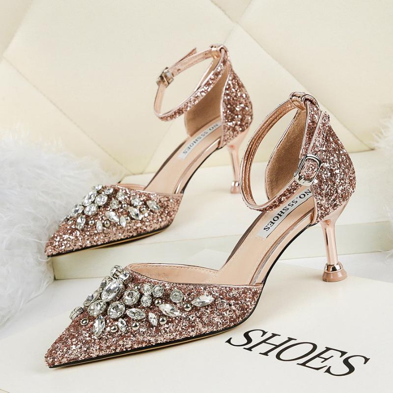 

Dress Shoes 6.5CM European And American Sexy Pointed Shallow Rhinestone High Heels Sequins Word With Sandals Fine Heel Banquet ShoesDress, Black