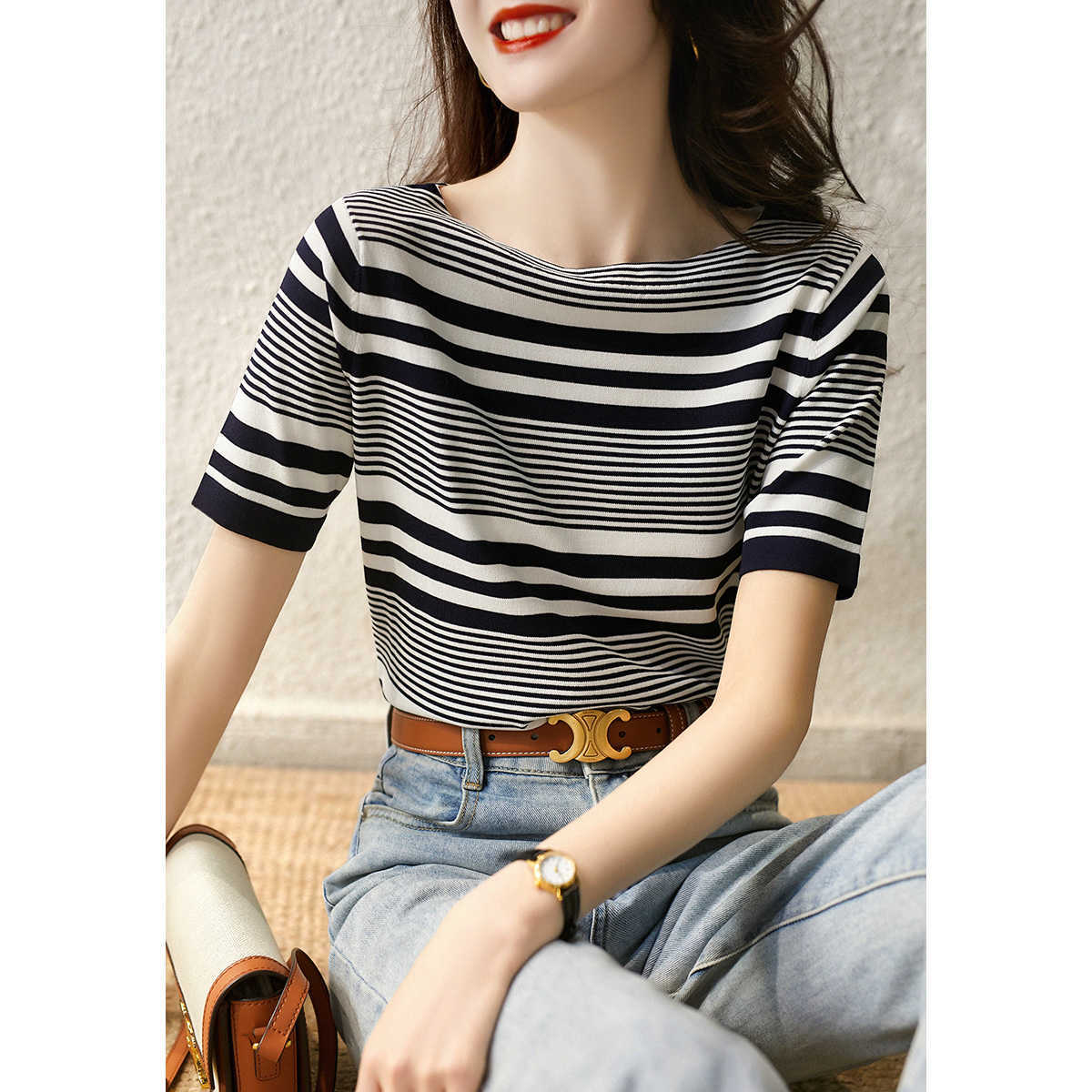 

Women Sweater High Elastic Stripe Summer Fashion Sweater Women Slim O Neck Sexy Knitted Pullovers Office Tops 210604, Black