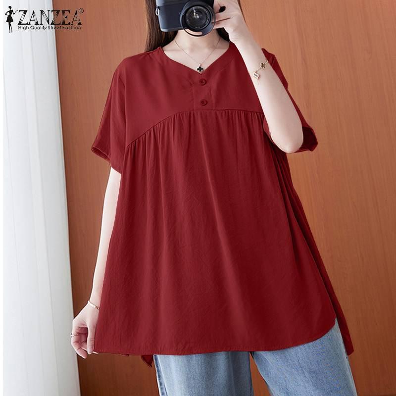 

Women' Blouses & Shirts Vintage Button Tops Summer Blouse 2022 Casual Short Sleeve Blusas Female V Neck Tunic Plus Size Solid Chemis, Pink