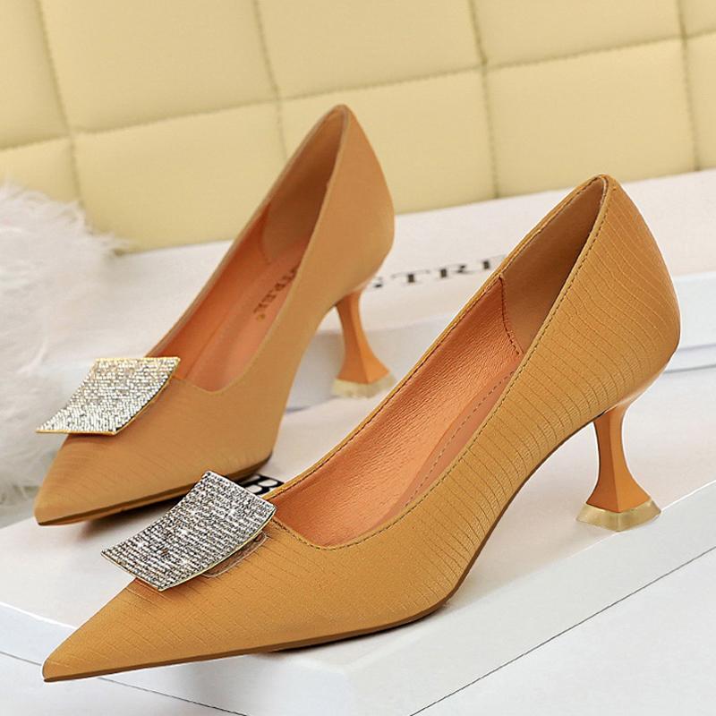 

Dress Shoes Elegant Kitten Heels Woman Pumps Metal Rhinestones High Women Sexy Office Designer, Yellow