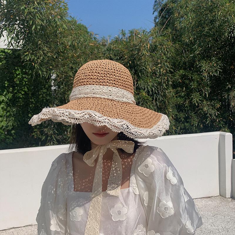 

Wide Brim Hats Travel Sun Hat Elegant Lolita Bucket Holiday Summer Straw Lace Beach Women Korean Windproof Rope, Khaki