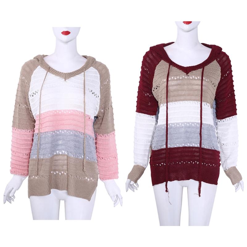 

Women's Sweaters Women Hooded Drawstring V-Neck Color Stitching Casual Knitted Pullovers Long Sleeve Hollow Out Sweater Plus Size, Burgundy