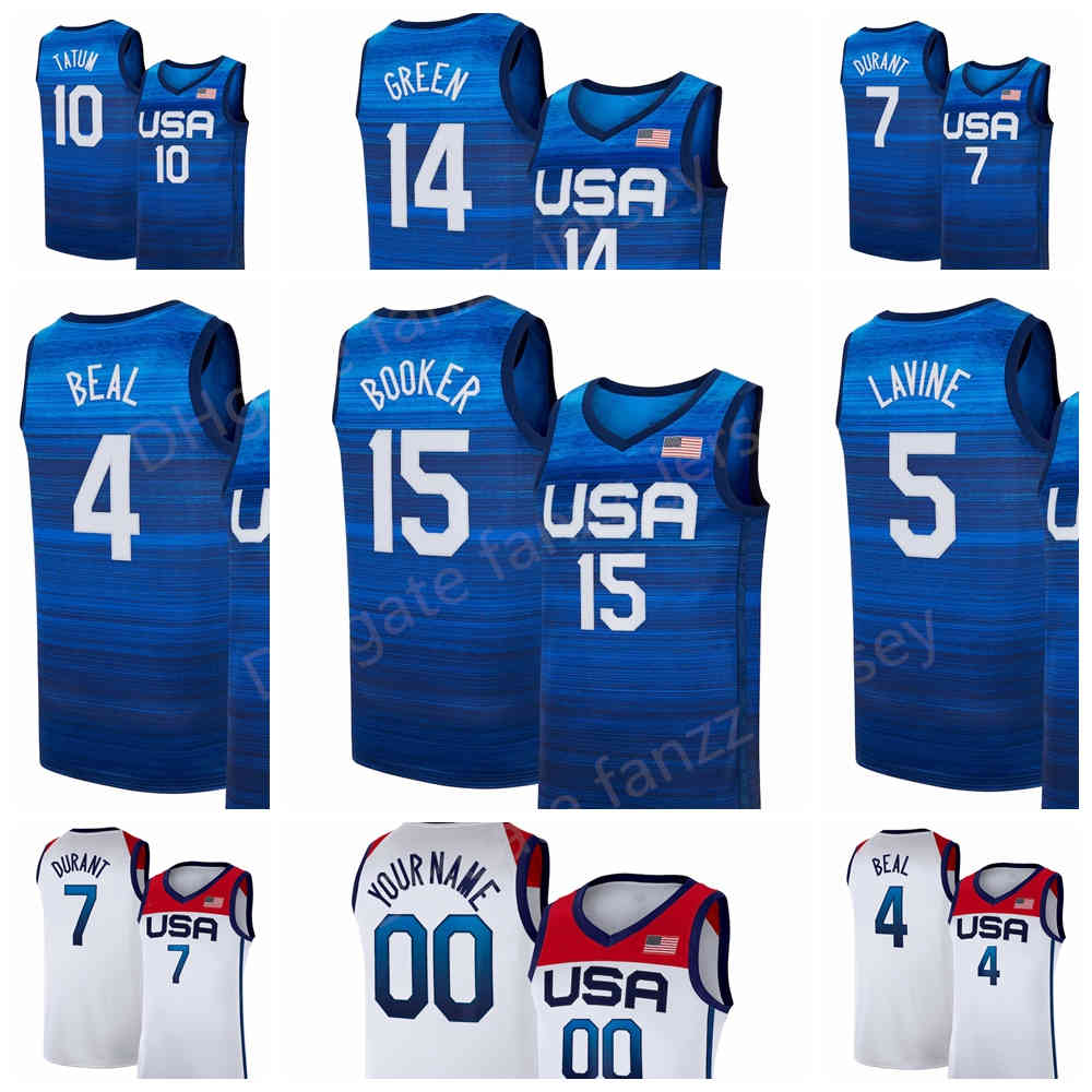 

US Basketball Jersey 2020-2021 7 Blue Kevin Durant 15 Devin Booker 6 Damian Lillard 10 Jayson Tatum Zach LaVine Bradley Beal USA Navy White Man Kid Women