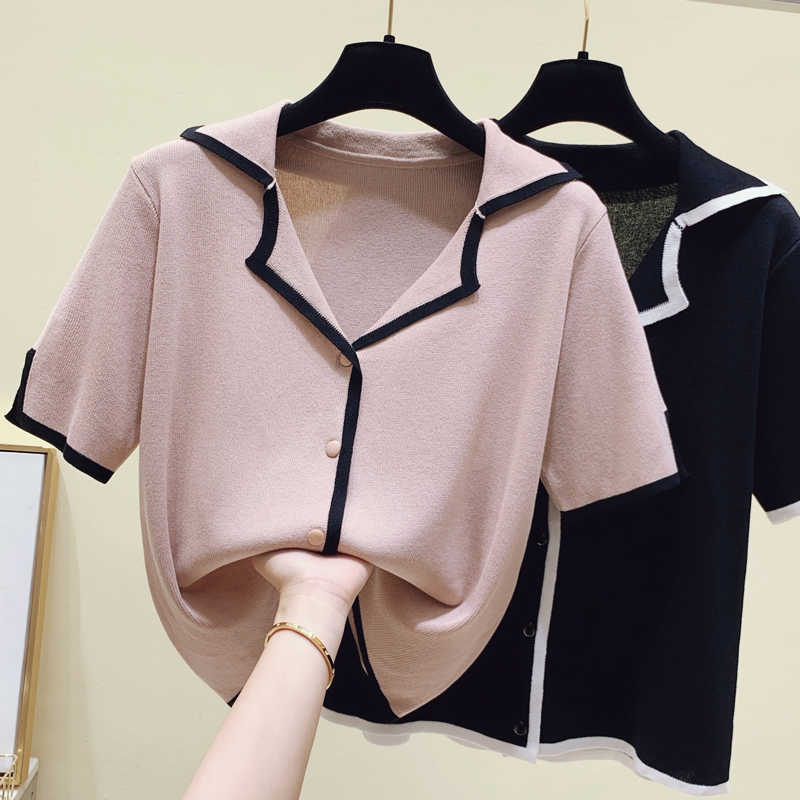 

Summer Pullover Ribbed Knitted Sweater Thin Clothes Women V Neck Short Sleeve Slim Basic Woman Sweaters Short Tops Crop Top 210604, Khaki