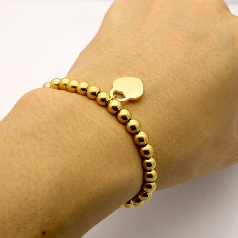 

charm heart tag Bangle designer beads stainless steel bracelet jewelry fashion Peach Beaded chain female titanium cuff
