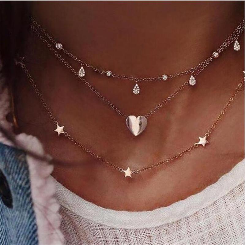 

Pendant Necklaces 2021 Lady Simple Heart Love Five-pointed Star Gold Color Bead Drop Three-layer Fashion Woman Long Necklace For Holiday