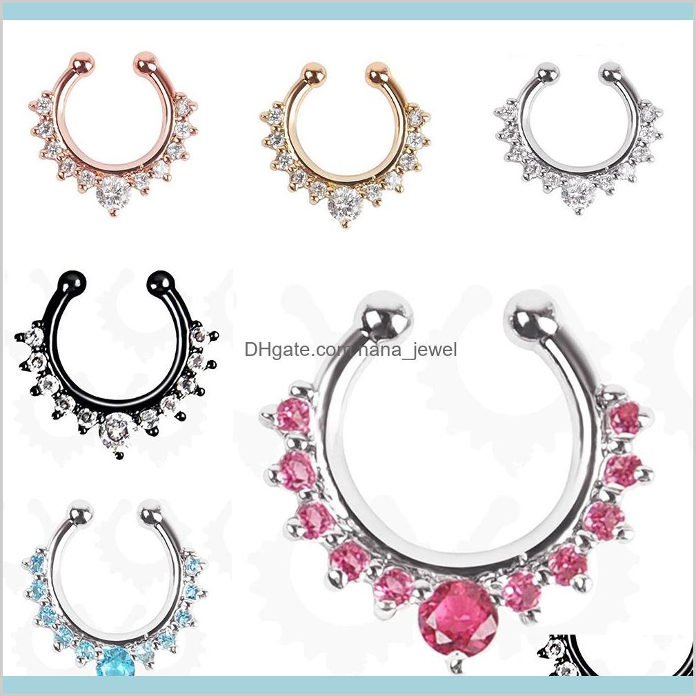 

Studs Body 50Pcs Rhinestone Crystal Septum Clicker Rings Non Piercing Hanger Clip On Jewelry Fake Nose Hoop Piercings 6 Colors Drop De