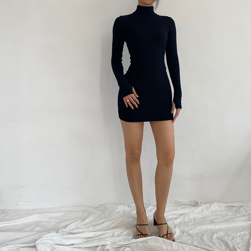 

DIRTYLILY Autumn Fashion Sexy Solid Turtleneck Skinny Mini Dress Women Rib Knit Keep Warm Long Sleeve Slim Dress Streetwear, Black