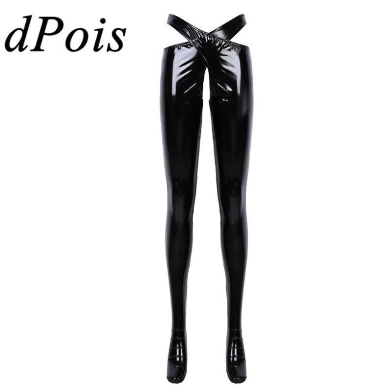 

Womens Wetlook Patent Leather Crotchless Sexy Lingerie Open Crotch Trousers Erotic Pants With Waistband Night Roleplay Nightwear Women' Pan, Black