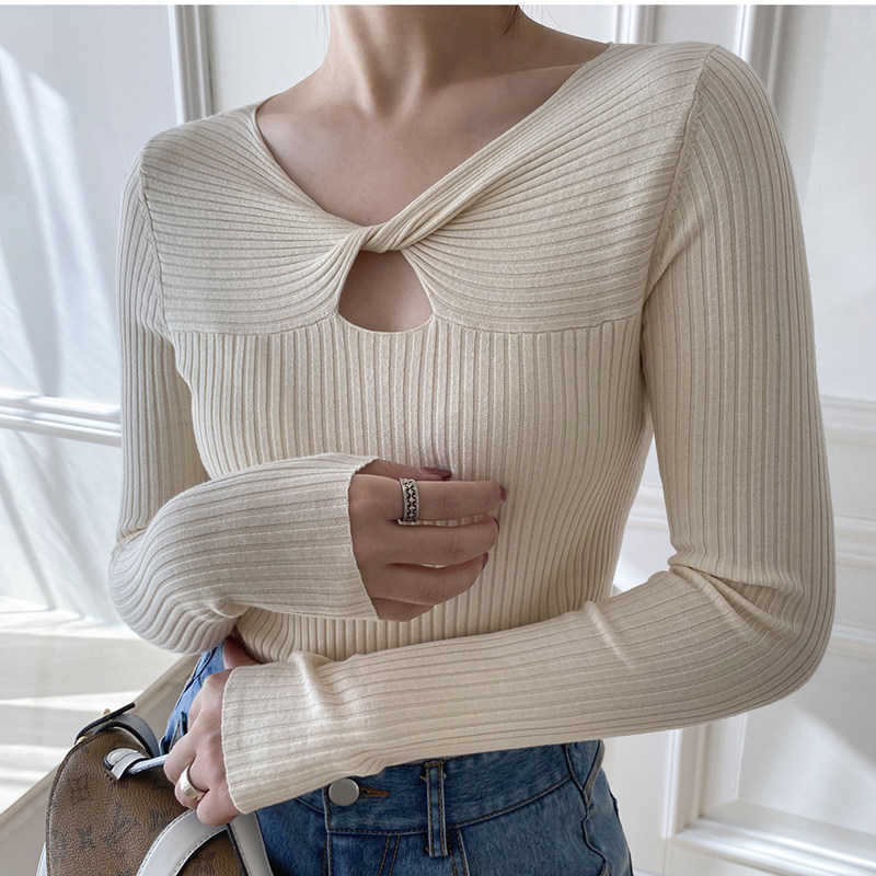 

Korean Women Sweater Woman Knitted  Long Sleeve  V-neck Knit Pullover  and Pullovers 210604, Blue