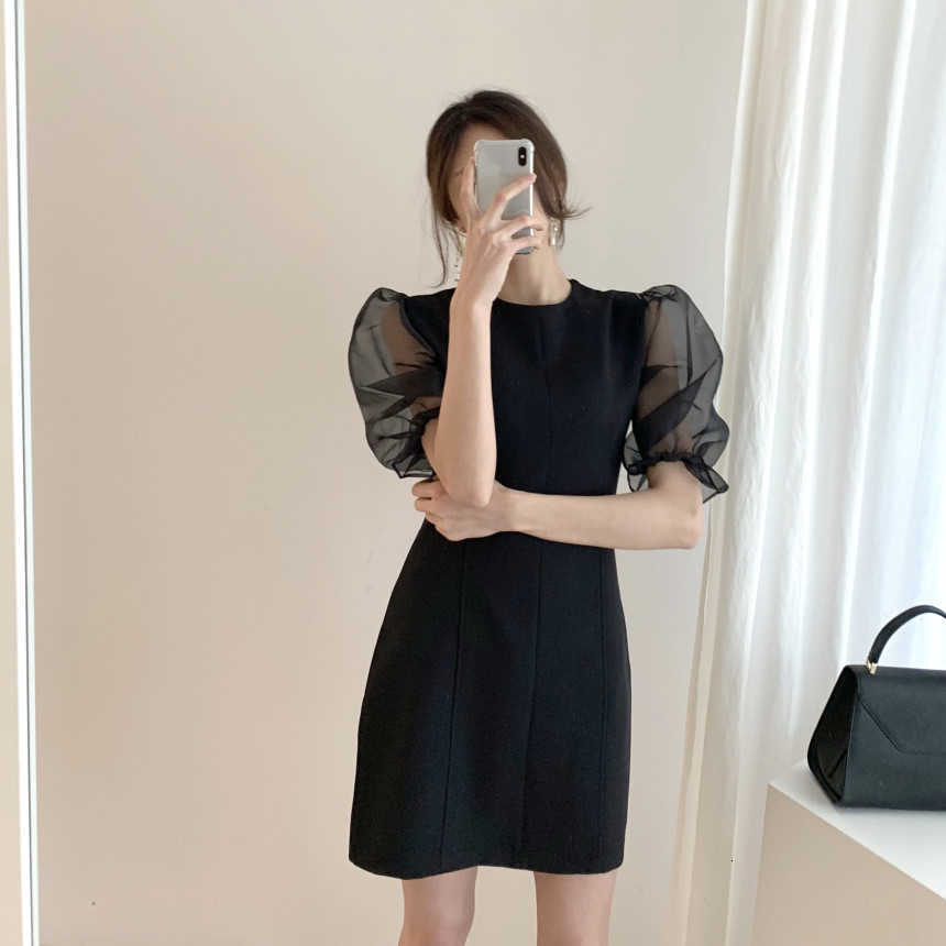 Two Piece Dress Black Korean Summer Mini Women O-Neck Puff Sleeve Casual Organza Patchwork Chiffon Plus Size Elegant Party Z401 LR-image-702268747