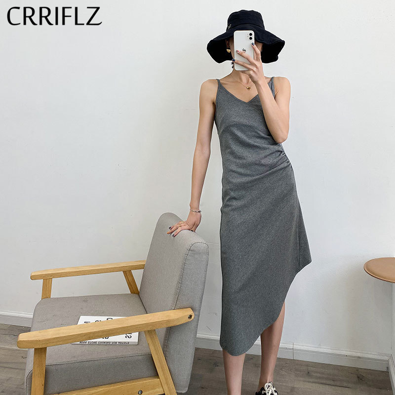 

Summer Casual Loose Solid Spaghetti Strap Dress Women CRRIFLZ Sleeveless Cotton V-neck High-Low 210520, Black