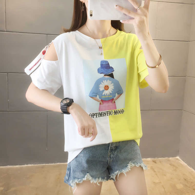 

Off Shoulder Tshirt Summer Print Women T-Shirt Hole Short Sleeve T Female Fashion Cotton Clothes Tee Femme 210615, Red t shirt